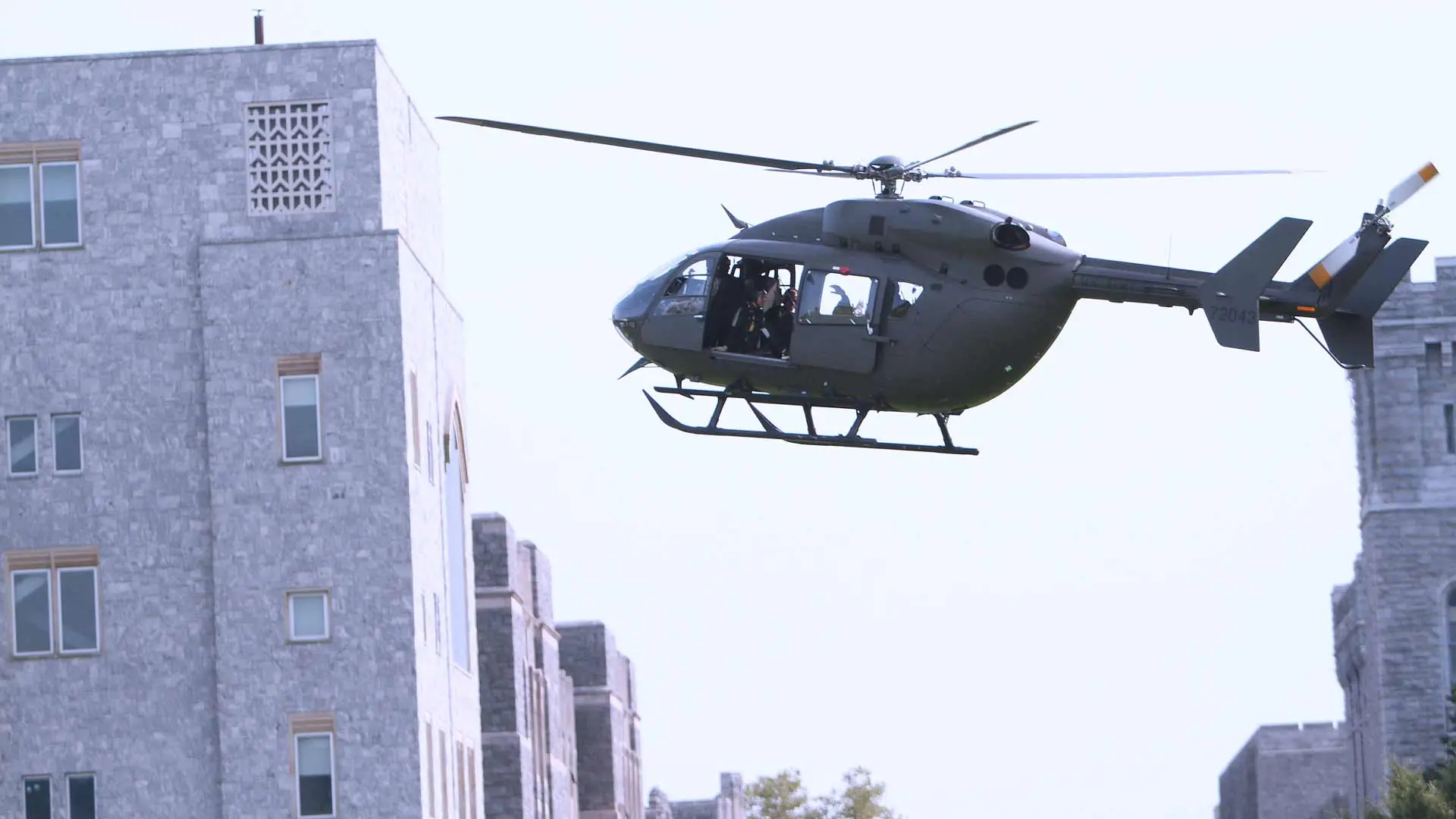 Military helicopter flying over West Point