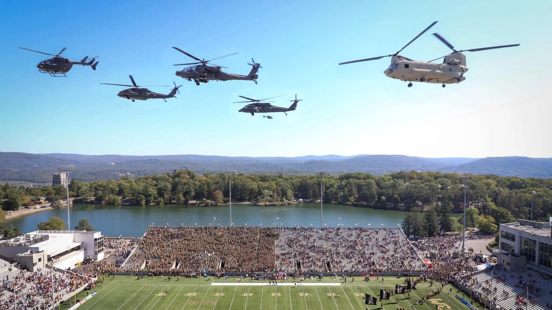 Army aviation flyover above Michie Stadium at West Point